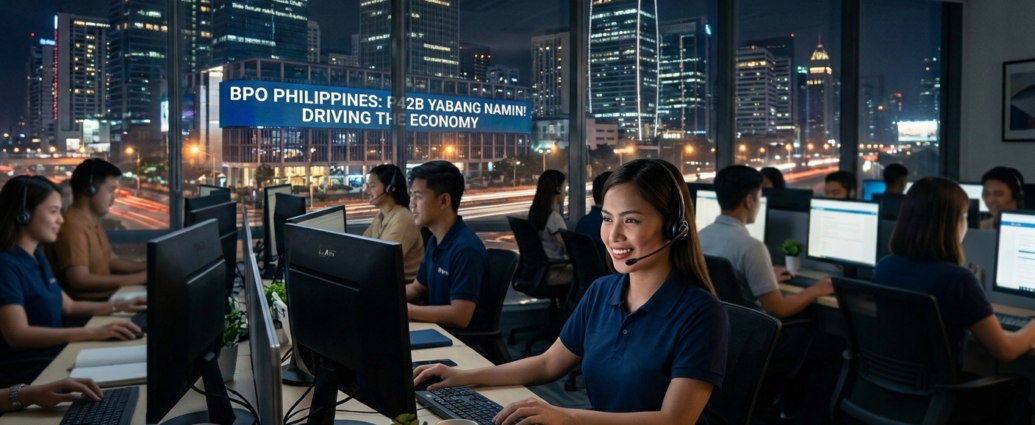 Isang dynamic na shot sa loob ng isang BPO office sa Metro Manila sa gabi. Isang nakangiting Pilipinong ahente na naka-headset ang nagtatrabaho sa kanyang desk. Sa background, makikita ang nagniningning na BGC skyline at isang LED screen na may text na "BPO PHILIPPINES: DRIVING ECONOMY $42B REVENUE.