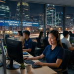Isang dynamic na shot sa loob ng isang BPO office sa Metro Manila sa gabi. Isang nakangiting Pilipinong ahente na naka-headset ang nagtatrabaho sa kanyang desk. Sa background, makikita ang nagniningning na BGC skyline at isang LED screen na may text na "BPO PHILIPPINES: DRIVING ECONOMY $42B REVENUE.