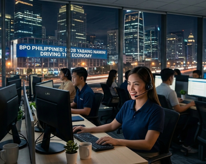 Isang dynamic na shot sa loob ng isang BPO office sa Metro Manila sa gabi. Isang nakangiting Pilipinong ahente na naka-headset ang nagtatrabaho sa kanyang desk. Sa background, makikita ang nagniningning na BGC skyline at isang LED screen na may text na "BPO PHILIPPINES: DRIVING ECONOMY $42B REVENUE.