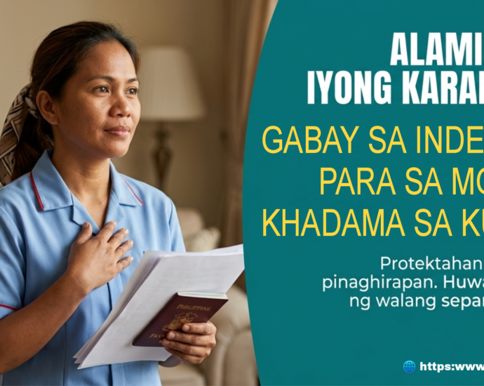 Infographic para sa mga Khadama sa Kuwait, gabay sa pag-compute ng Indemnity at mga karapatan ng OFW Domestic Workers.