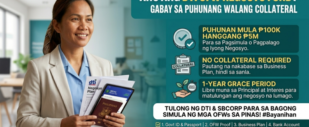 Infographic ng DTI OFW Negosyo Fund na nagpapakita ng pautang na walang collateral para sa mga nagbabalik-bayan na OFW.
