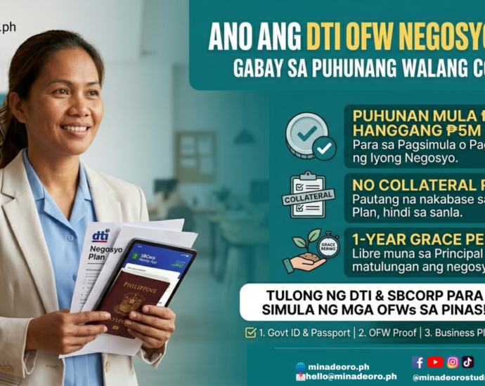Infographic ng DTI OFW Negosyo Fund na nagpapakita ng pautang na walang collateral para sa mga nagbabalik-bayan na OFW.
