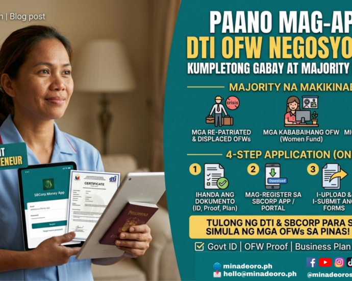 Infographic na nagpapakita ng 4-step application process ng DTI OFW Negosyo Fund at ang tatlong pangunahing grupo na makikinabang dito.
